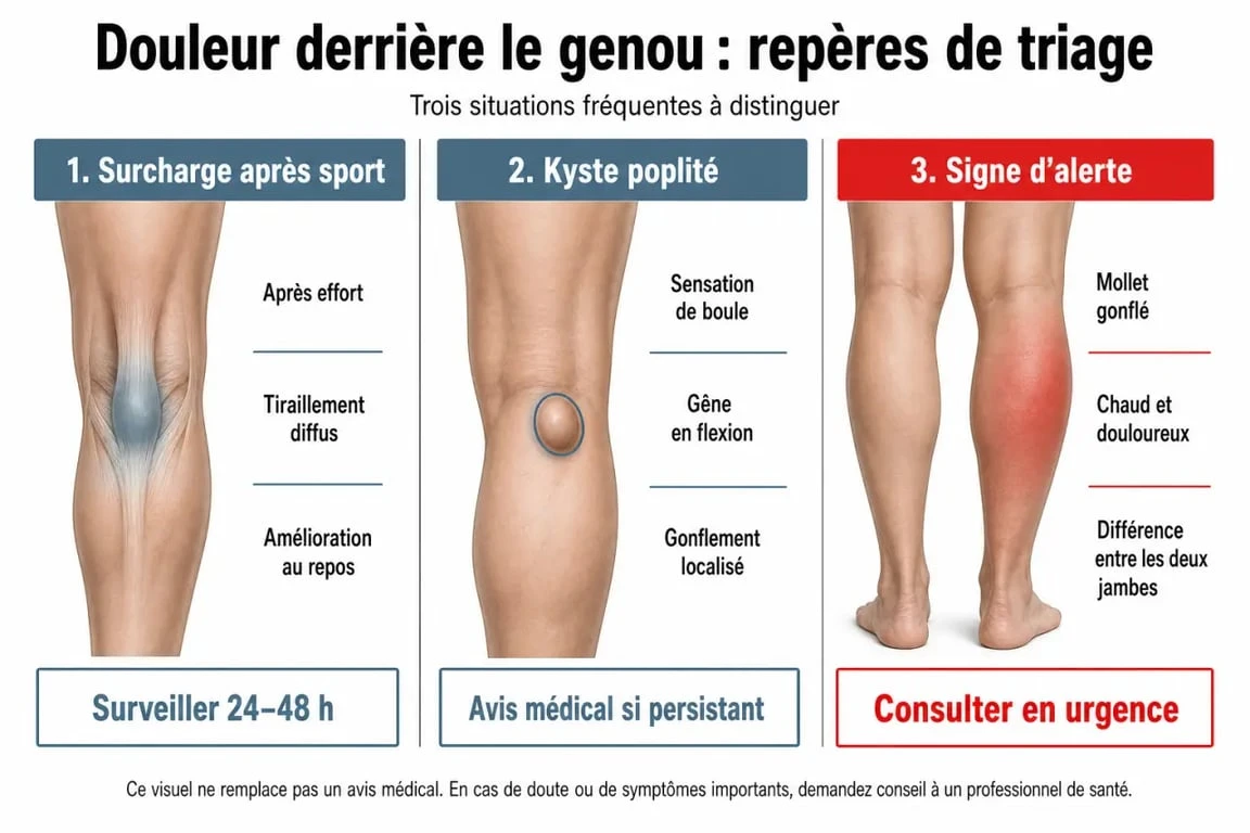 Comparatif des causes possibles d’une douleur derrière le genou et de leur niveau d’urgence