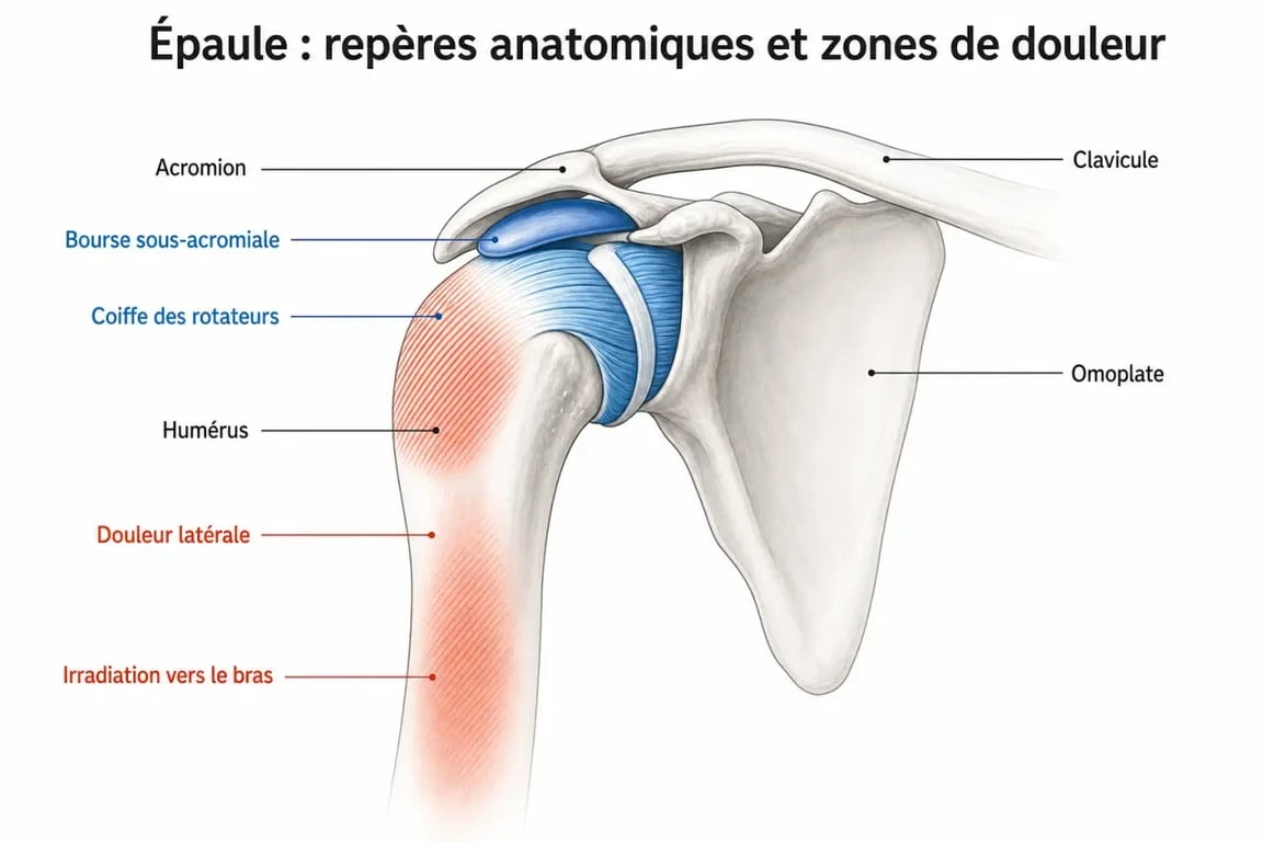 Schéma de douleur épaule montrant la coiffe des rotateurs et les zones douloureuses