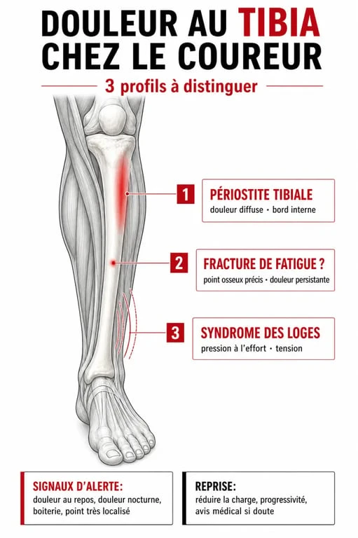 Douleur tibia course : schéma des zones de douleur et des signes d’alerte autour de la périostite tibiale