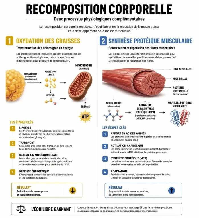 Schéma explicatif des mécanismes de la recomposition corporelle : perte de gras et gain de muscle