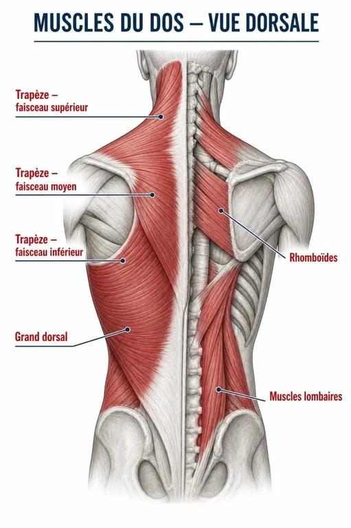 Schéma du muscle du dos montrant le trapèze, le grand dorsal, les rhomboïdes et les lombaires