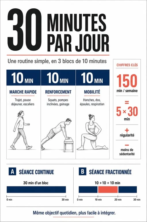 30 min de sport par jour : infographie d’une routine en 3 blocs de 10 minutes
