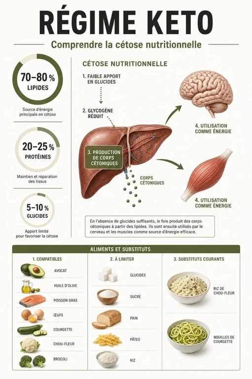 Infographie sur le keto regime avec ratios de macronutriments et aliments autorisés