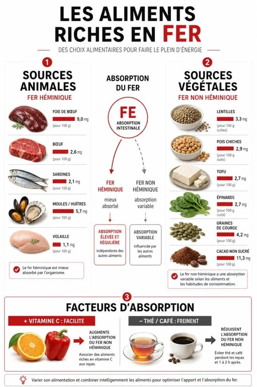 Infographie sur les aliments riches en fer, avec distinction entre fer héminique et non héminique