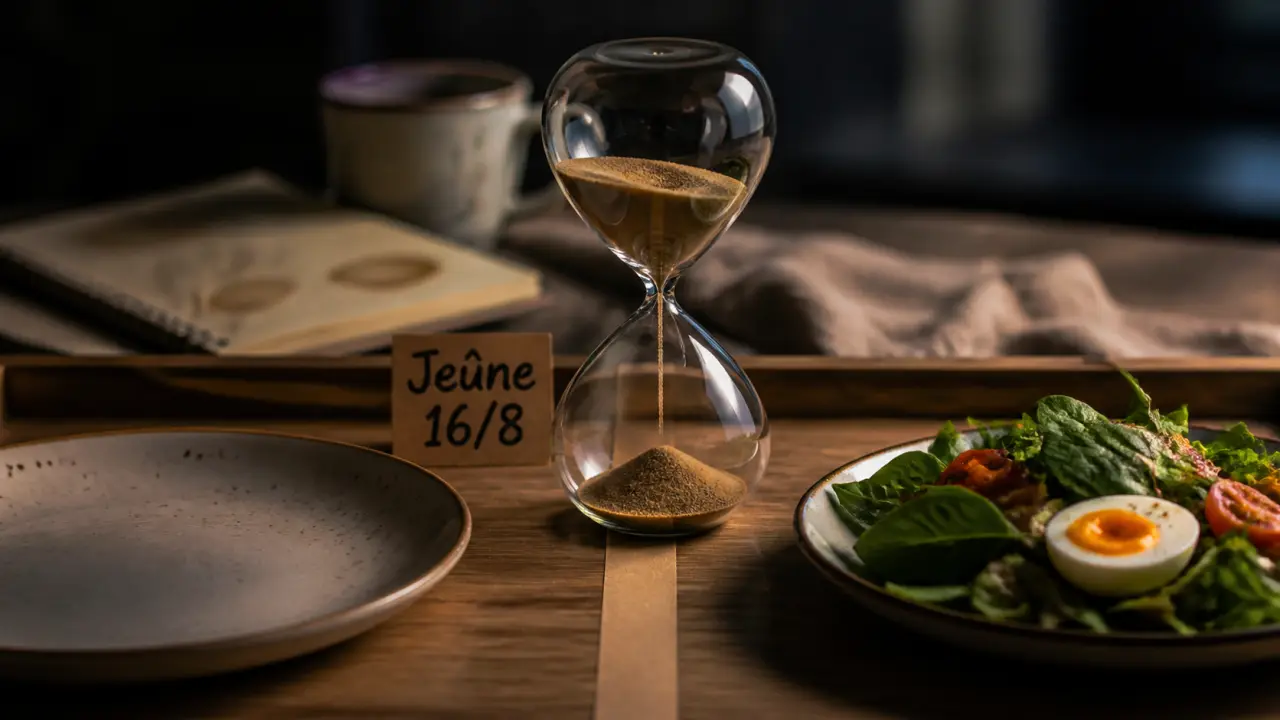 Jeûne intermittent 16/8 : sablier et repas