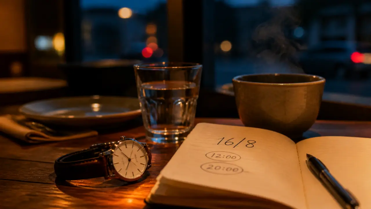 Jeûne intermittent 16 8 : montre, carnet et eau, horaire des repas