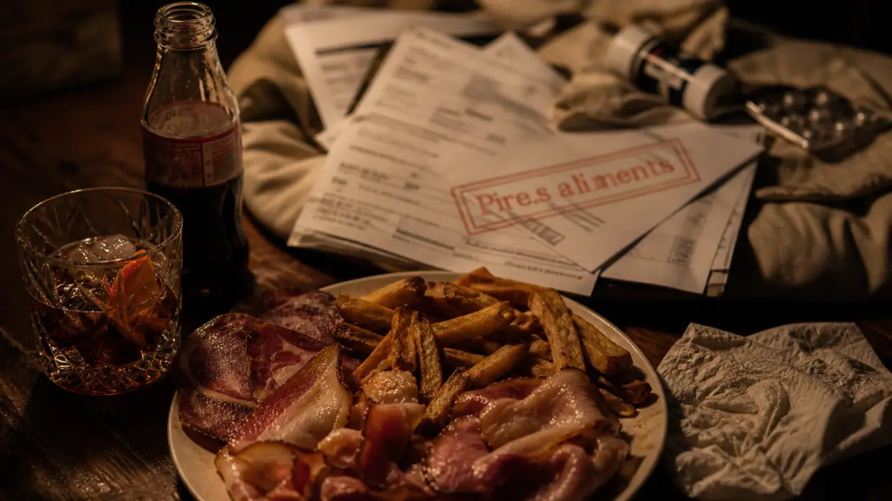 Les pires aliments pour le foie : alcool, sucre et ultra-transformés sur une table