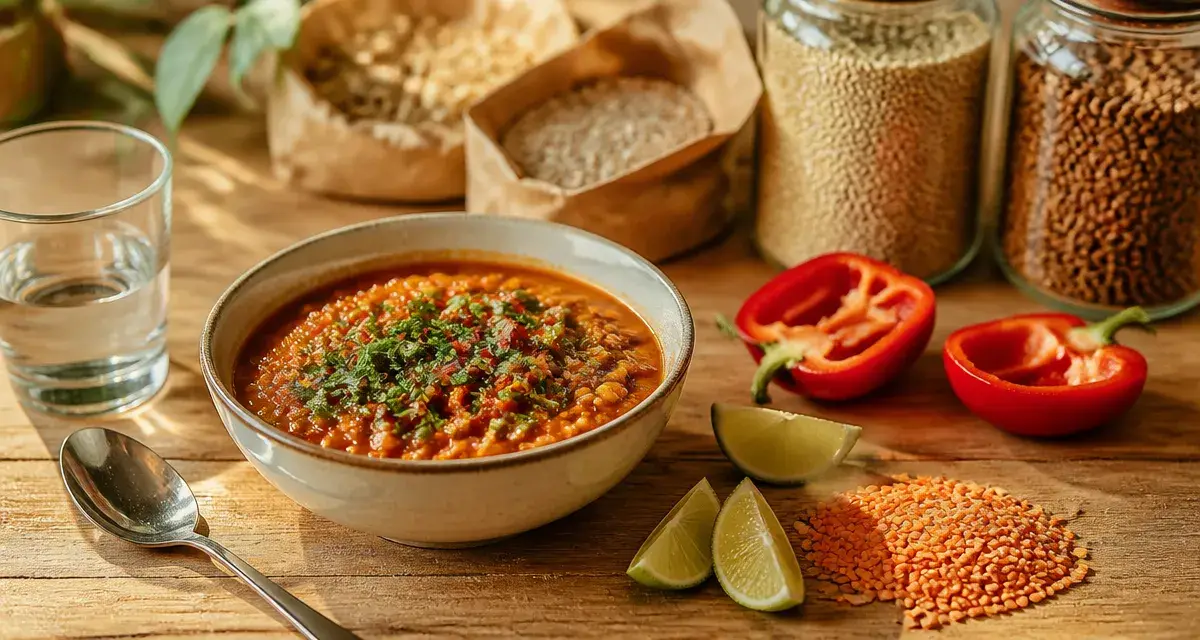 Protéines végétales : bol de dahl de lentilles, citron vert et herbes