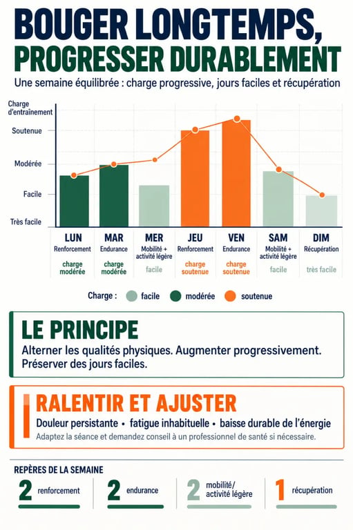 Infographie sur la préparation physique et la longévité avec alternance entre effort, mobilité et récupération
