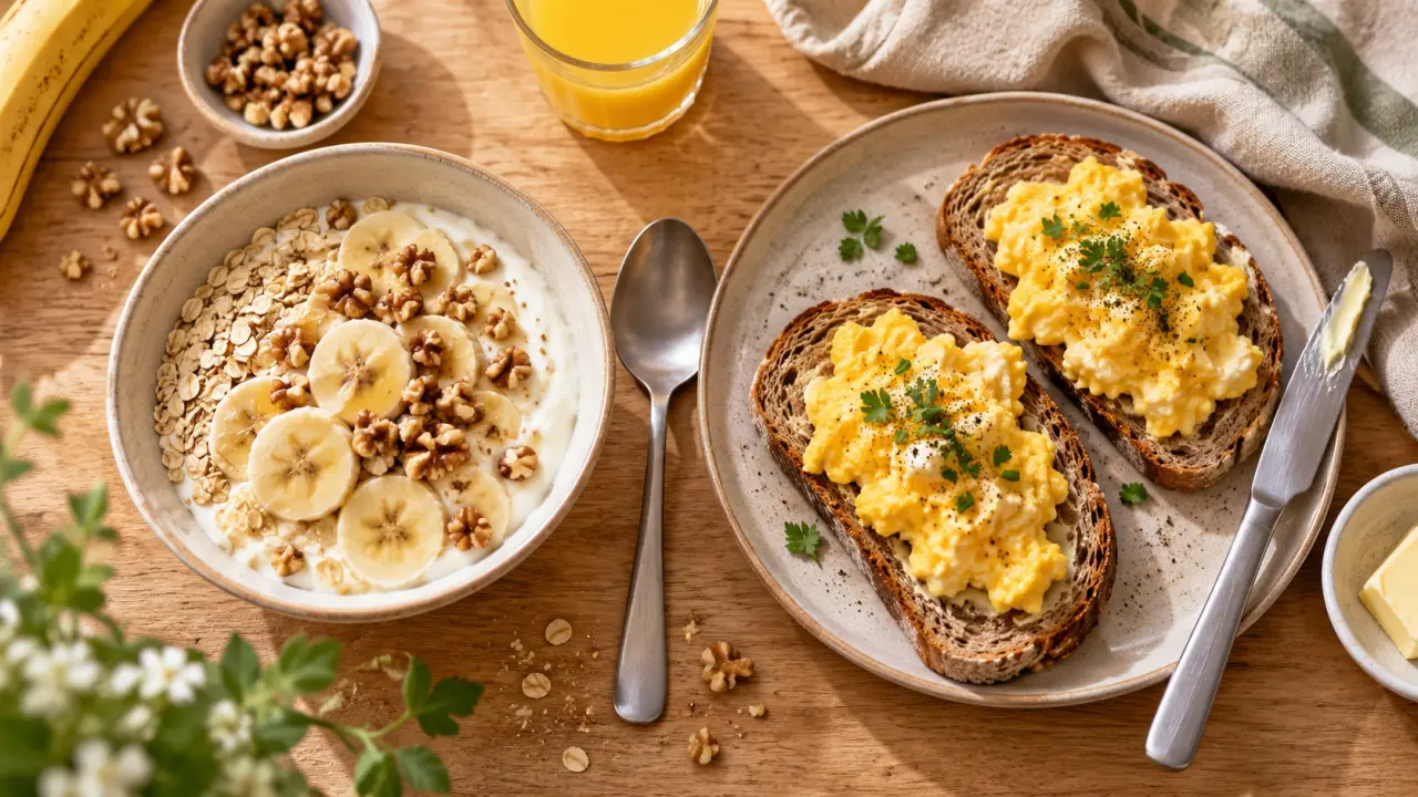 7 petit déjeuner équilibré : bol fromage blanc, banane et tartines œufs