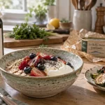 Alimentation anti inflammatoire : bol flocons d’avoine, yaourt et fruits rouges
