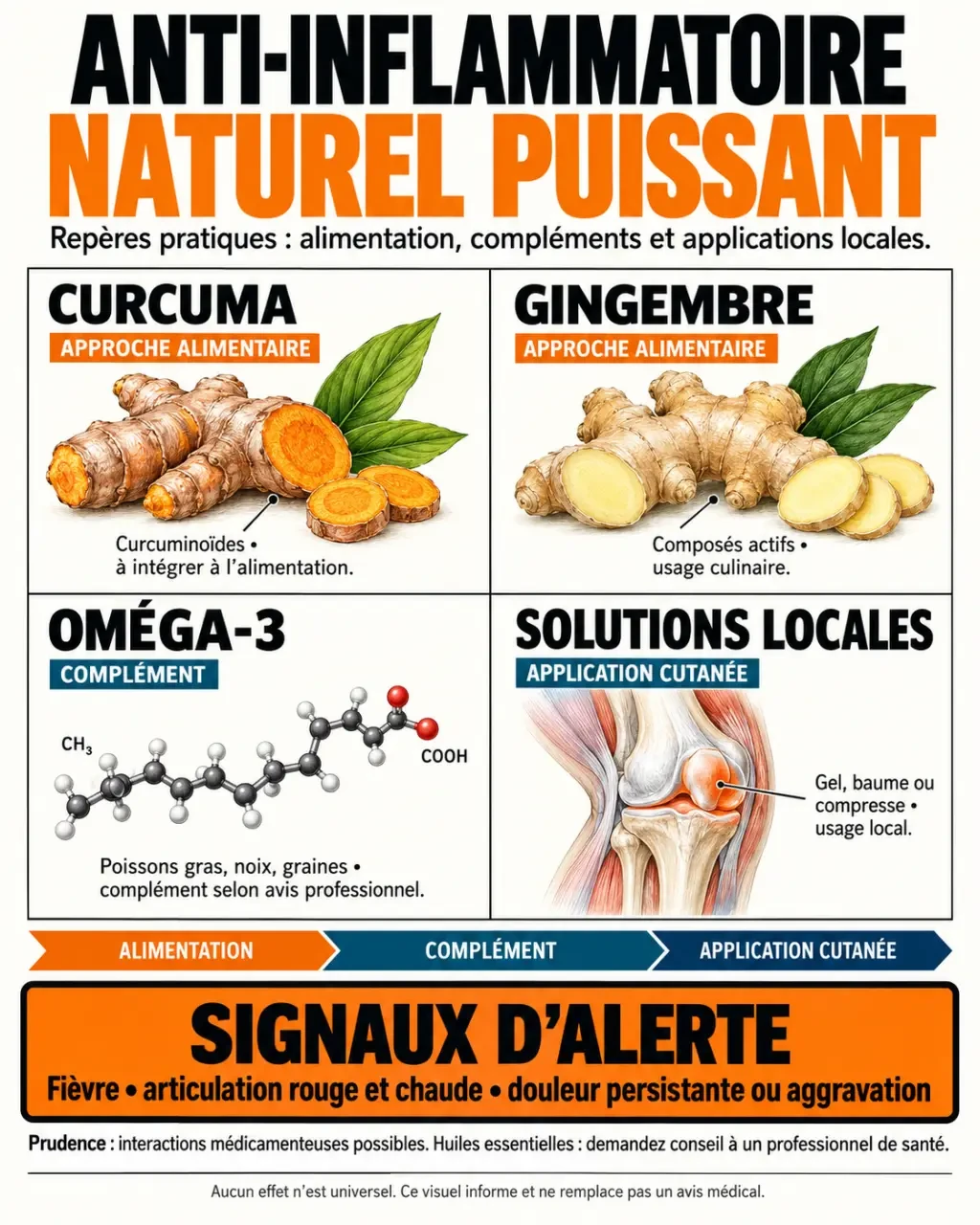 Infographie sur l’anti inflammatoire naturel puissant, les principales options et les précautions