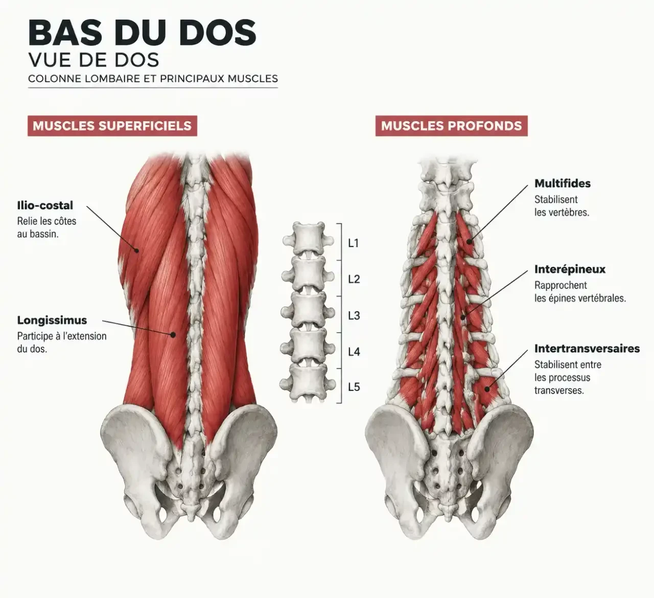 Schéma des muscles lombaires : érecteurs du rachis superficiels et profonds de L1 à L5