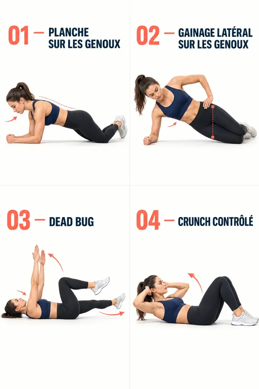 Illustration des principaux exercices pour ventre plat avec postures et alignements corrects
