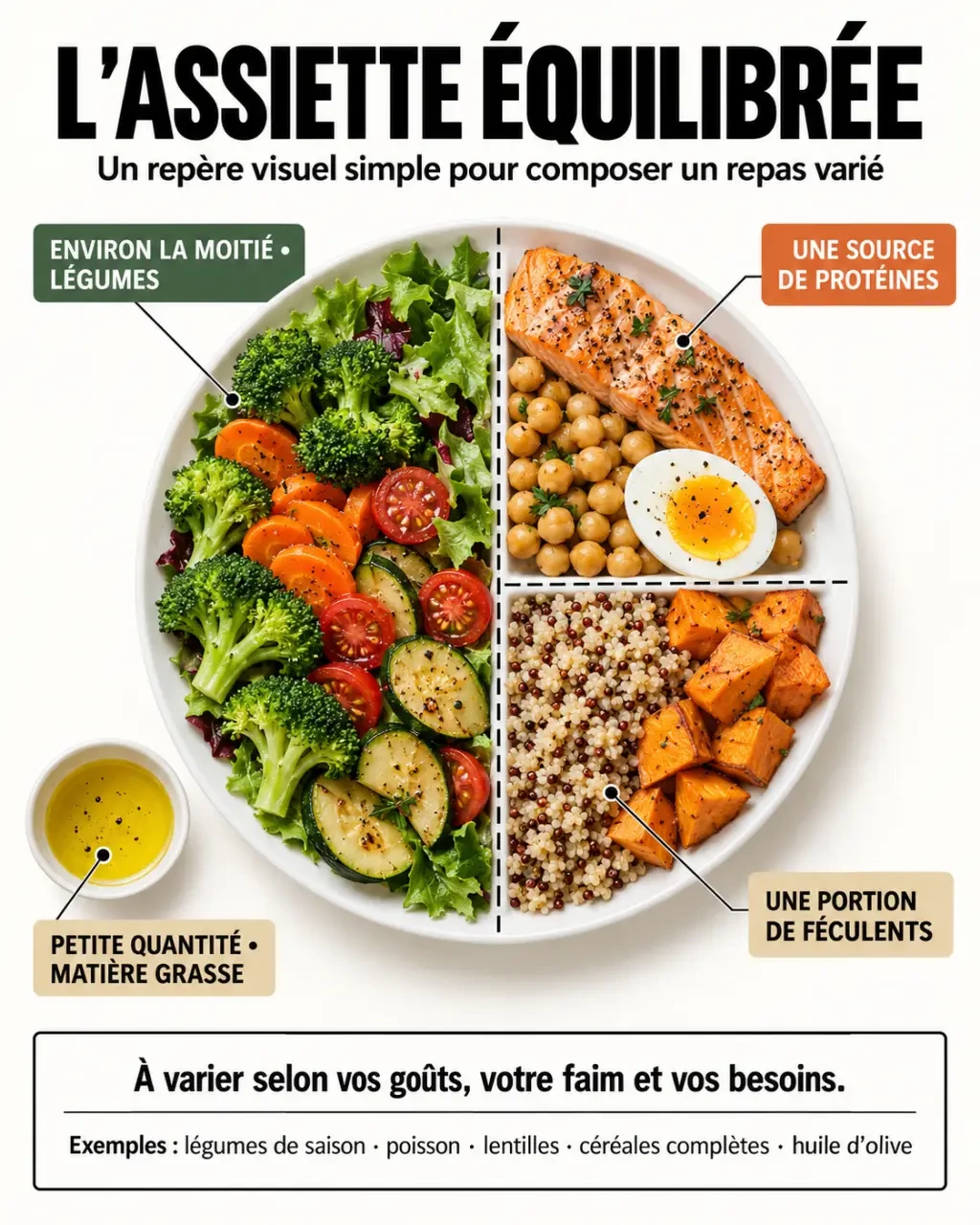Menu régime : infographie d’une assiette minceur équilibrée avec légumes, protéines et féculents