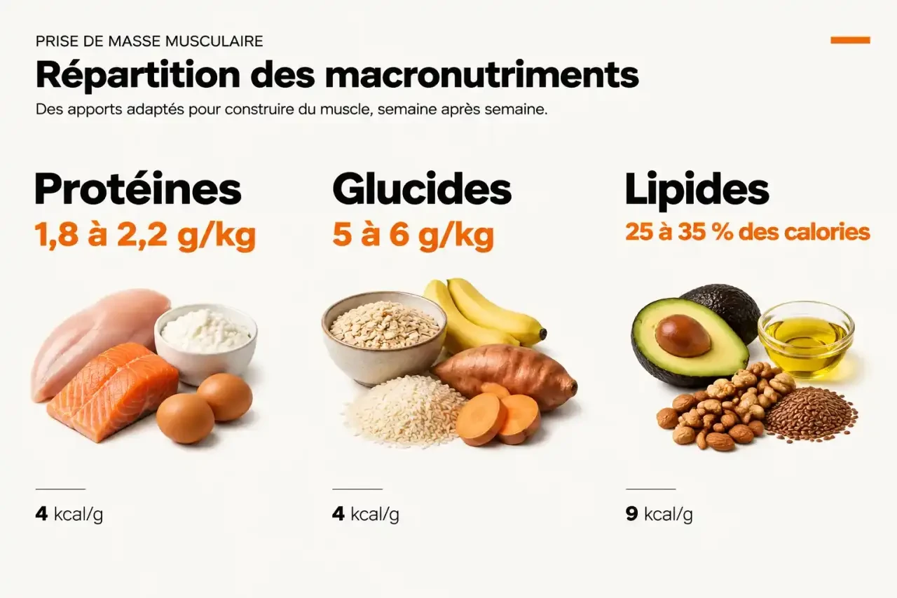 Repères de macronutriments par kilo de poids de corps pour la prise de masse musculaire : protéines, glucides et lipides