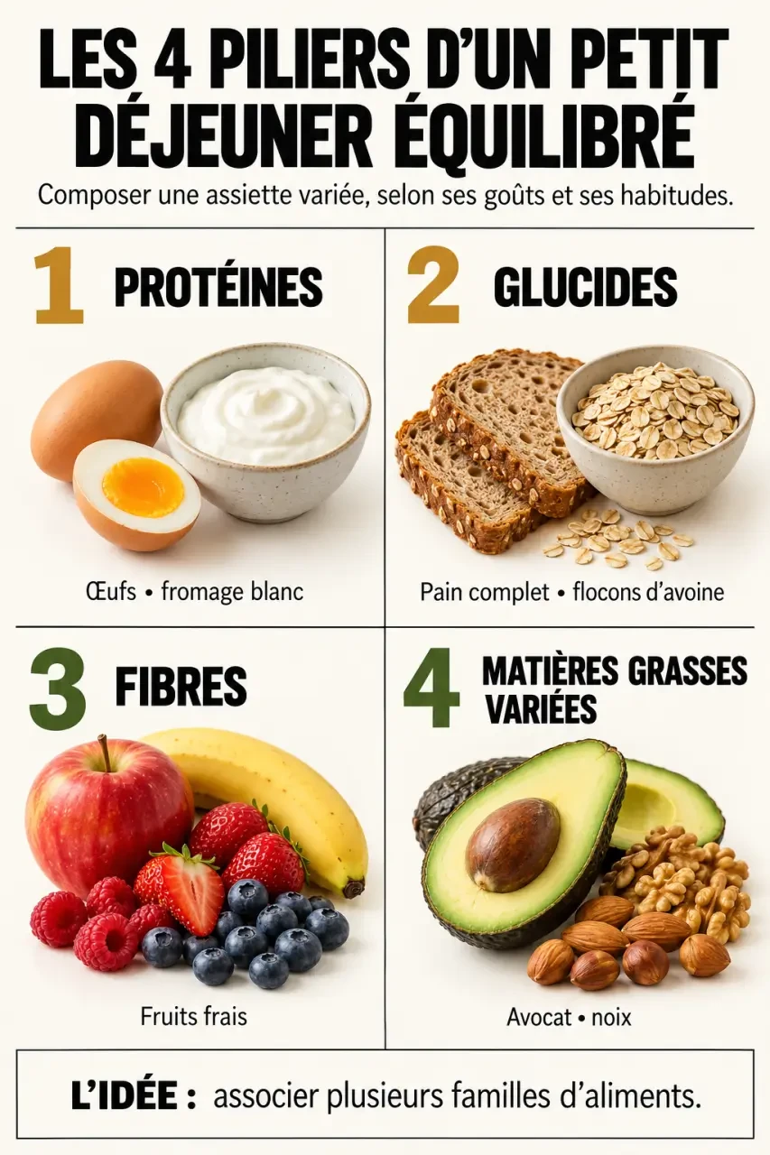 Infographie 7 petit déjeuner équilibré selon quatre piliers nutritionnels
