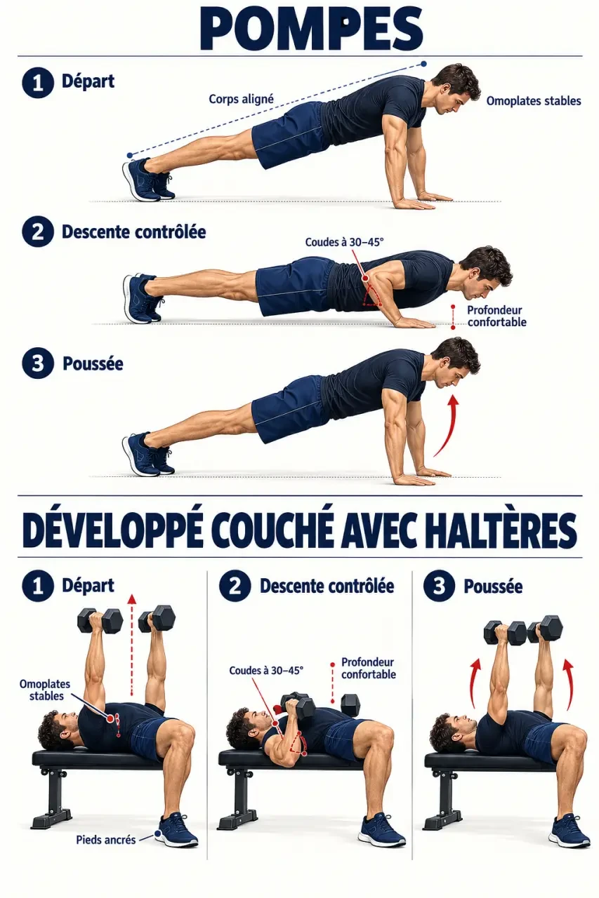 Pectoraux exercice : illustration de la technique des pompes et du développé couché avec haltères