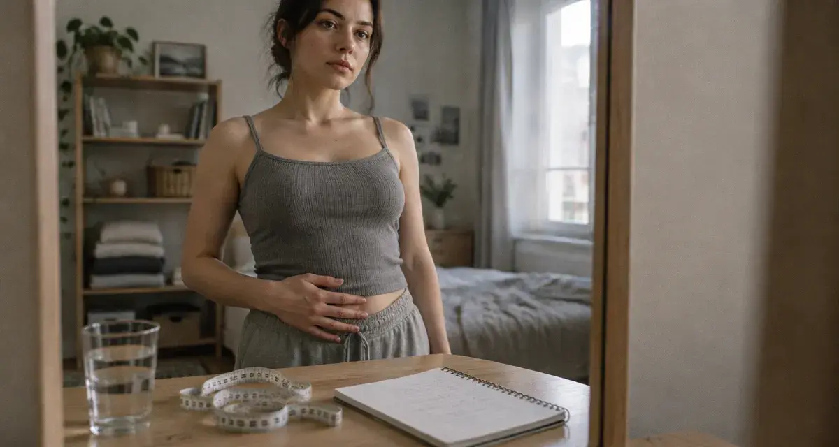 Gros ventre femme : main sur le bas-ventre, ballonnements ou graisse abdominale